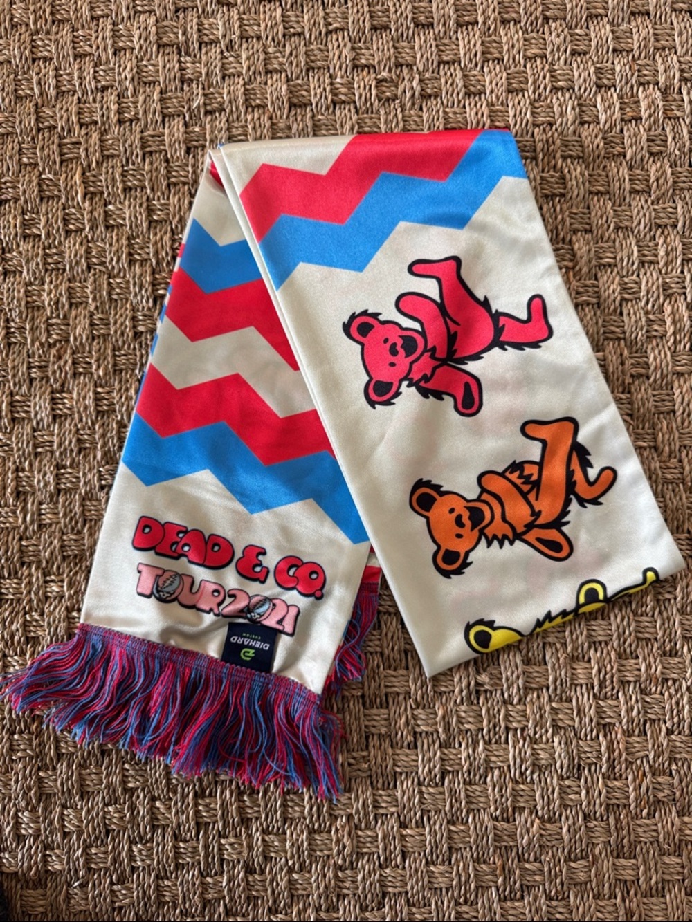 Dead & Co. Tour 2021 Dance Bear Scarf - Cream, Red, Blue, Orange.